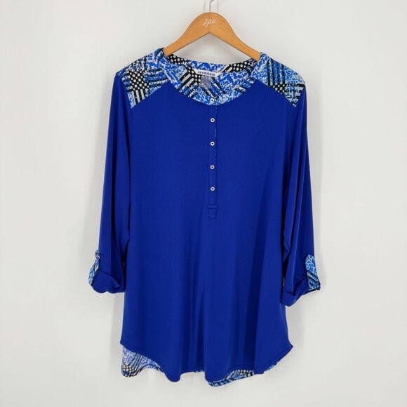 Nygard Womens Tunic Top Size 1X Button Blue Stretch Contrast Comfort Work Career - Picture 3 of 7